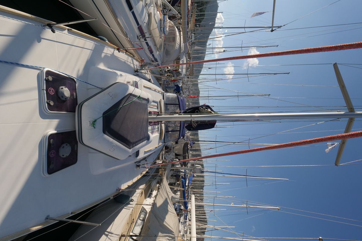 Deck of Pyrrha, a Dufour 445 Grand Large sailboat at Fethiye, Turkey