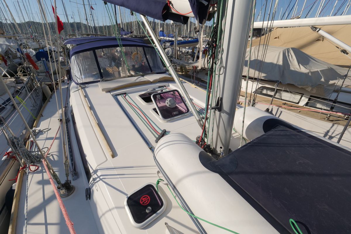 Deck of Pyrrha, a Dufour 445 Grand Large sailboat at Fethiye, Turkey