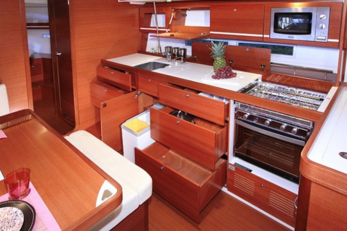 Galley of Pyrrha, a Dufour 445 Grand Large sailboat at Fethiye, Turkey