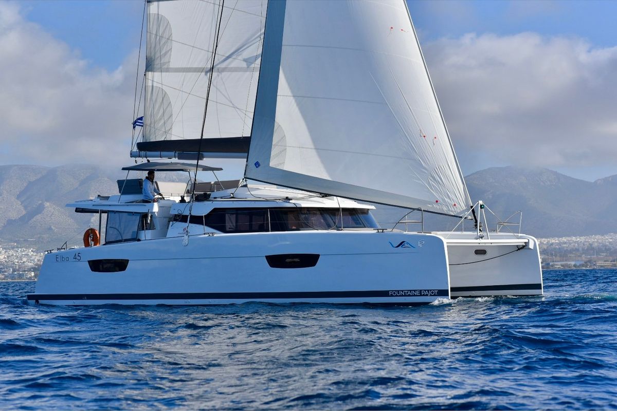 Exterior view of Sea Energy II, a Fountaine Pajot Elba 45 catamaran at Athens, Greece