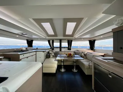 Salon of Sea Energy II, a Fountaine Pajot Elba 45 catamaran at Athens, Greece