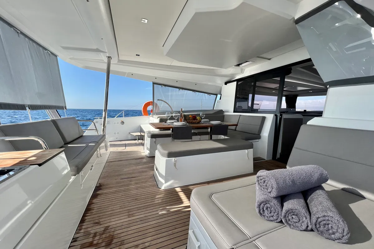 Deck of Sea Energy II, a Fountaine Pajot Elba 45 catamaran at Athens, Greece