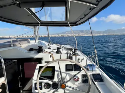 Deck of Sea Energy II, a Fountaine Pajot Elba 45 catamaran at Athens, Greece