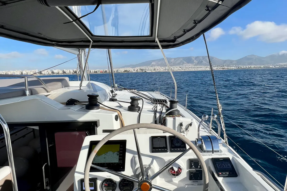 Deck of Sea Energy II, a Fountaine Pajot Elba 45 catamaran at Athens, Greece
