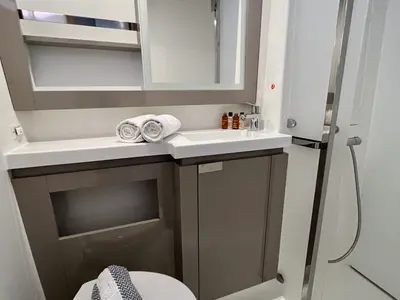 Cockpit of Sea Energy II, a Fountaine Pajot Elba 45 catamaran at Athens, Greece