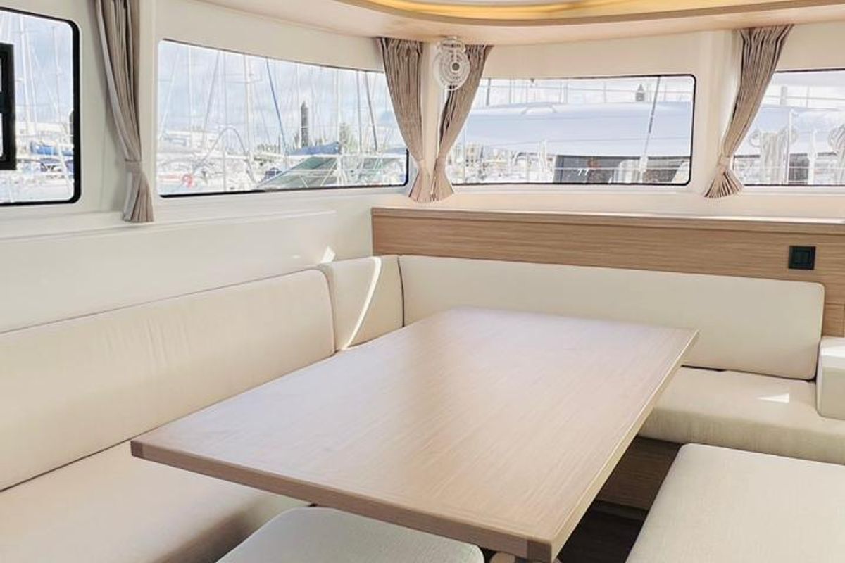 Salon of Zoey, a Lagoon 46 catamaran at Gouvia, Greece