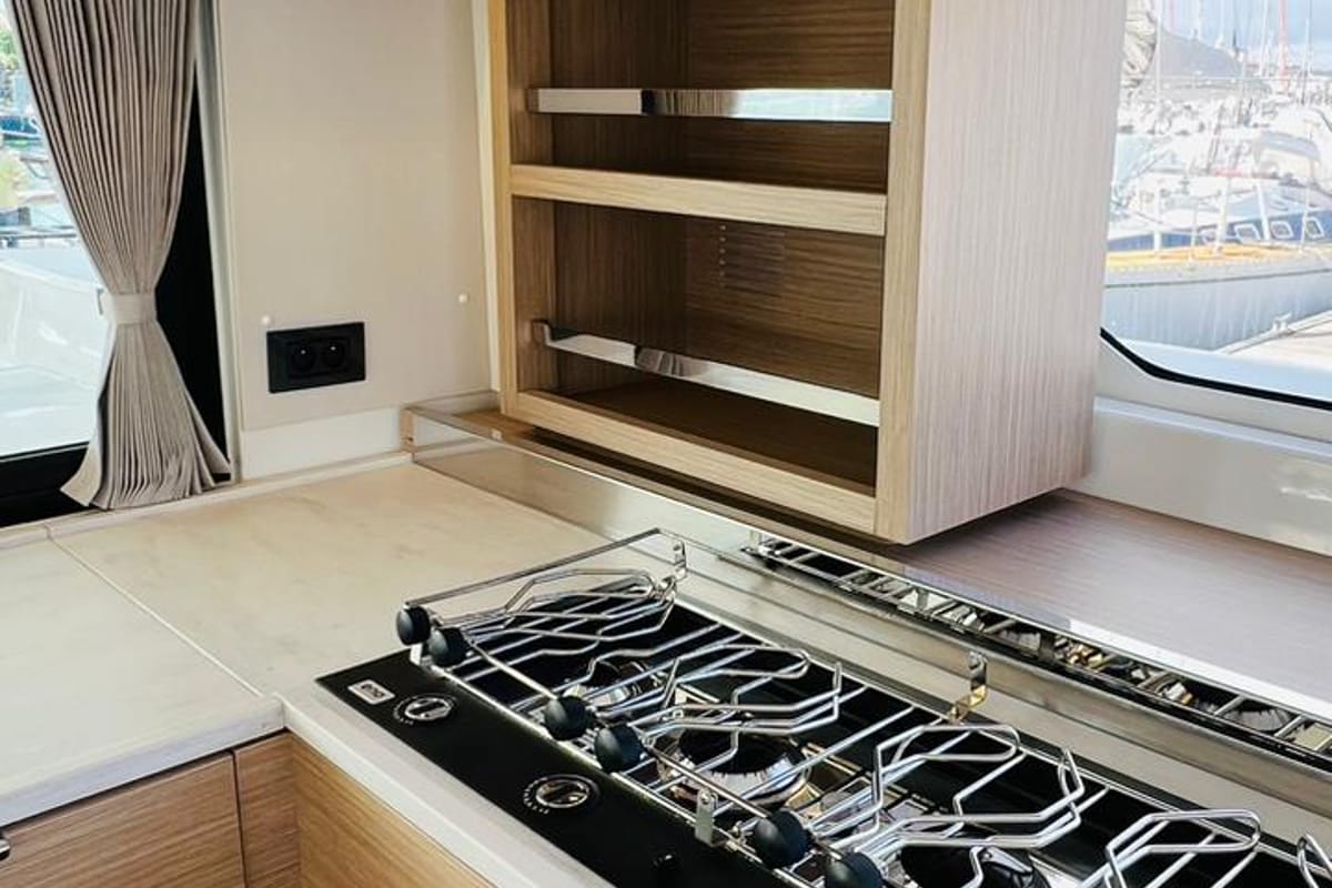 Galley of Zoey, a Lagoon 46 catamaran at Gouvia, Greece