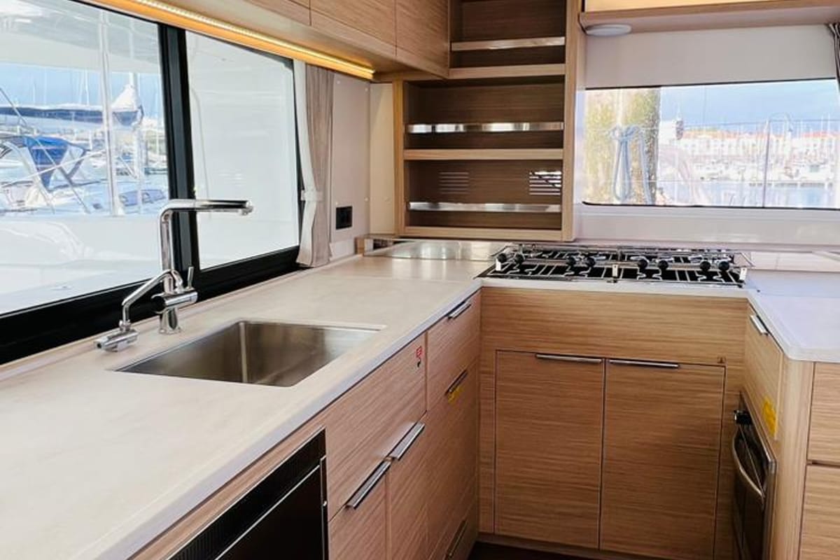 Galley of Zoey, a Lagoon 46 catamaran at Gouvia, Greece