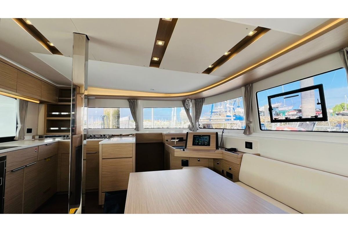 Salon of Zoey, a Lagoon 46 catamaran at Gouvia, Greece