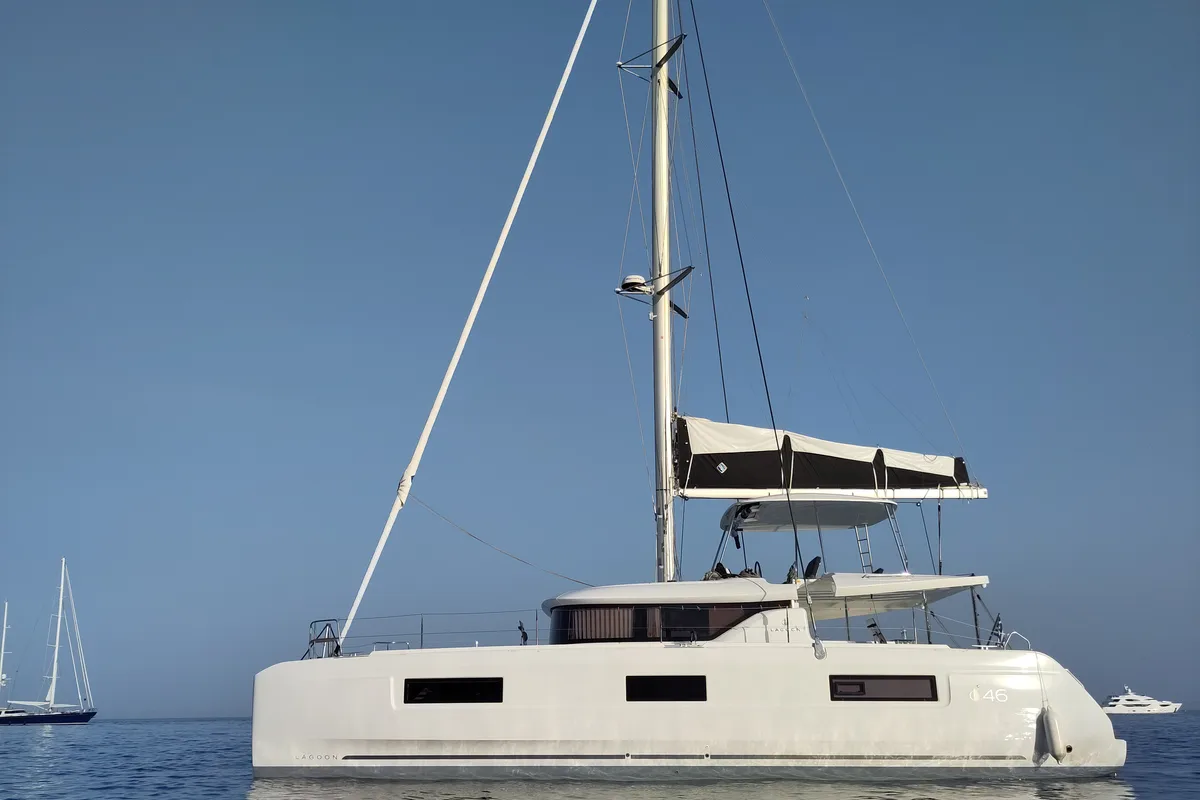 Exterior view of Zoey, a Lagoon 46 catamaran at Gouvia, Greece