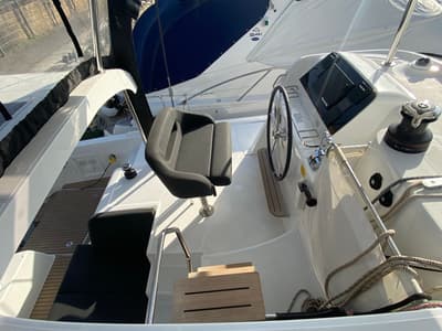 Cockpit of Delta Aquarii, a Lagoon 42 catamaran at Tonnarella, Italy