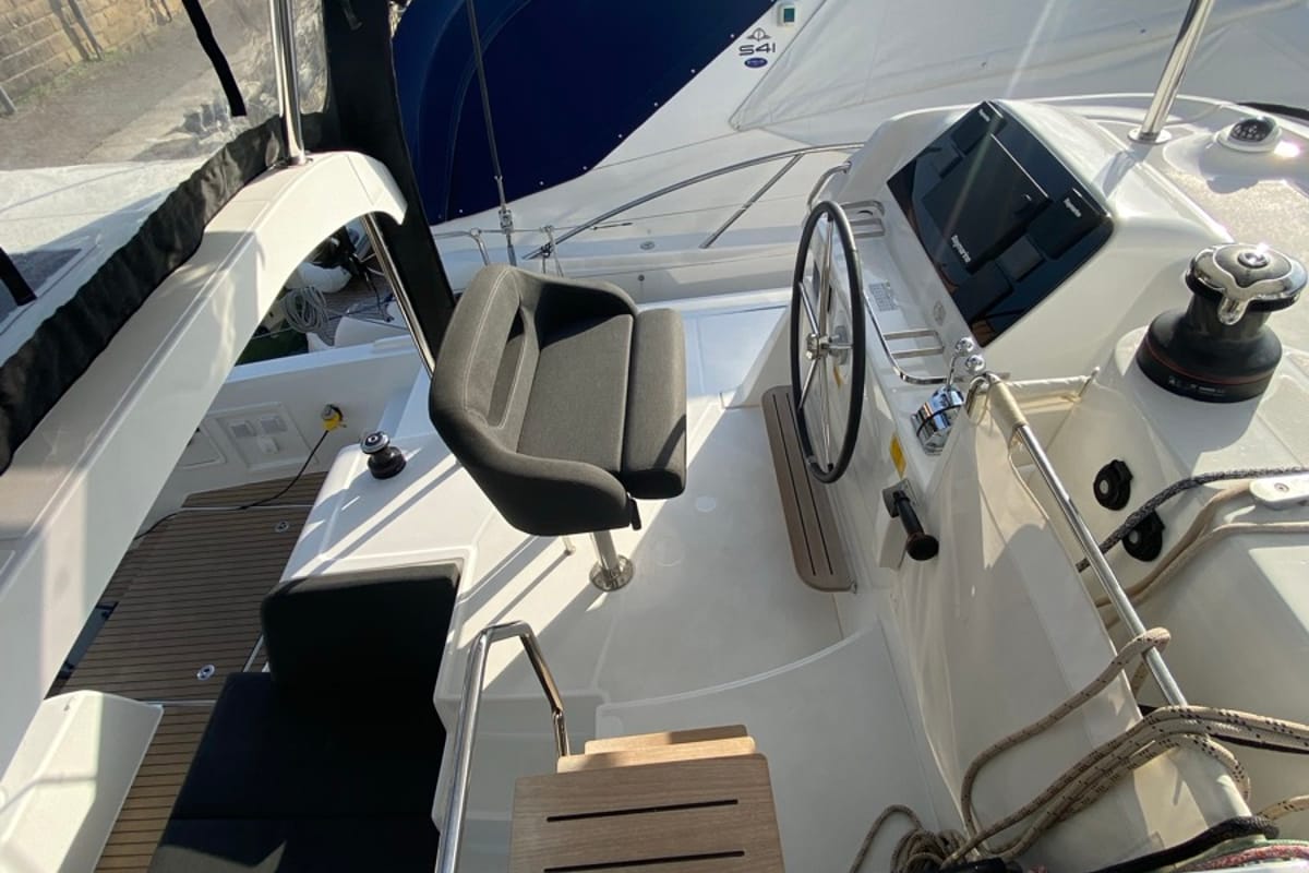 Cockpit of Delta Aquarii, a Lagoon 42 catamaran at Tonnarella, Italy