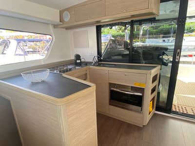 Galley of Delta Aquarii, a Lagoon 42 catamaran at Tonnarella, Italy