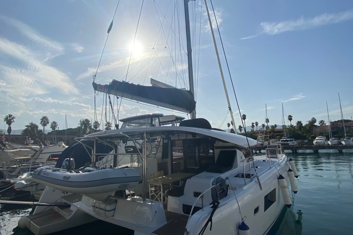 Exterior view of Delta Aquarii, a Lagoon 42 catamaran at Tonnarella, Italy