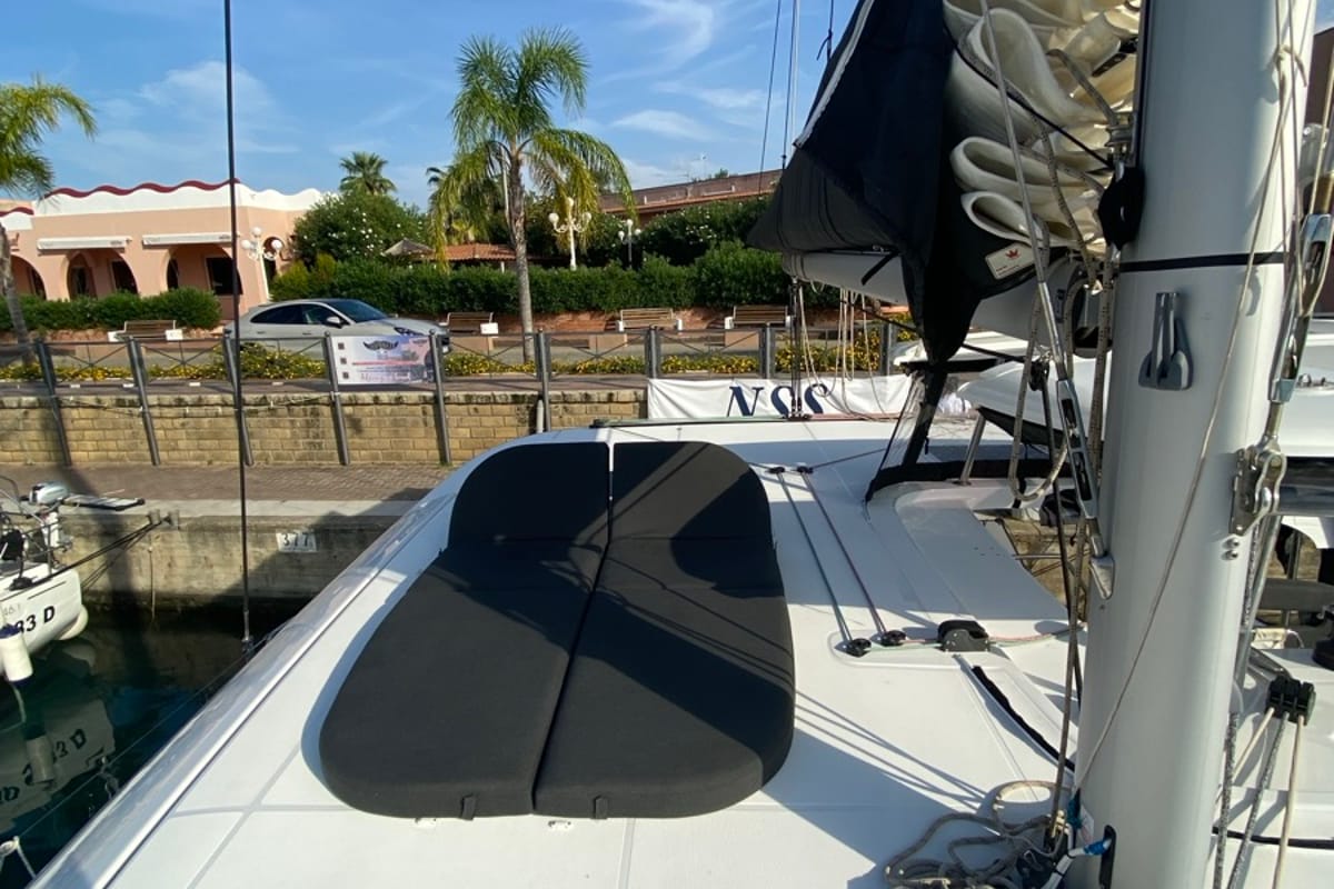 Deck of Delta Aquarii, a Lagoon 42 catamaran at Tonnarella, Italy