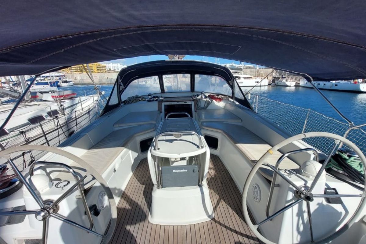 Cockpit of Madeleine, a Jeanneau 53 sailboat at San Miguel de Abona, Spain