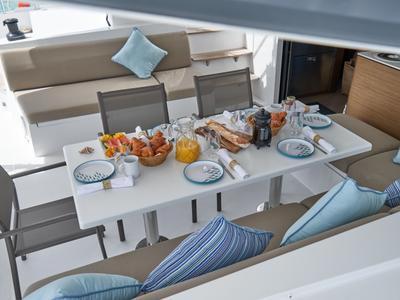 Deck of Sea Spirit III, a Nautitech 46 Fly catamaran at Grande Rivière Noire VCA, Mauritius