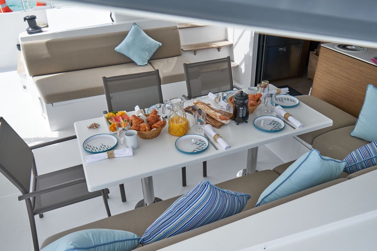 Deck of Sea Spirit III, a Nautitech 46 Fly catamaran at Grande Rivière Noire VCA, Mauritius