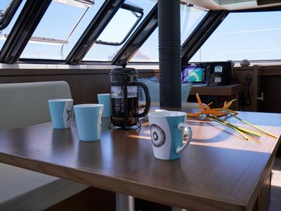 Salon of Sea Spirit III, a Nautitech 46 Fly catamaran at Grande Rivière Noire VCA, Mauritius