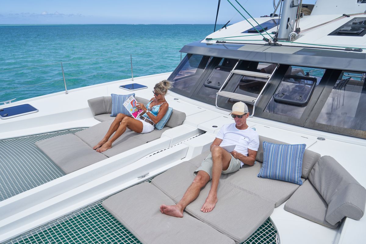 Deck of Sea Spirit III, a Nautitech 46 Fly catamaran at Grande Rivière Noire VCA, Mauritius