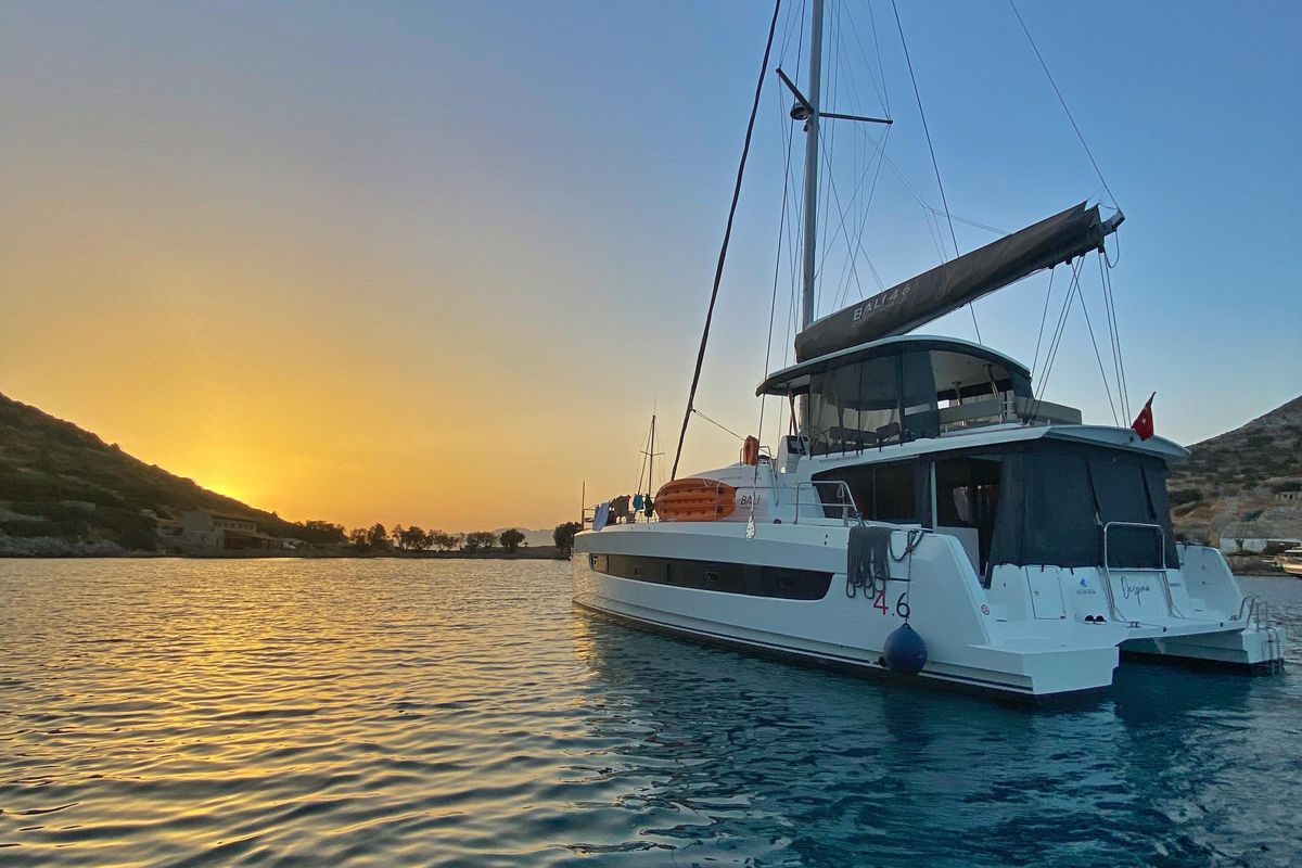 Exterior view of Despina, a Bali 4.6 catamaran at Bodrum, Turkey