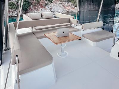 Deck of Despina, a Bali 4.6 catamaran at Bodrum, Turkey