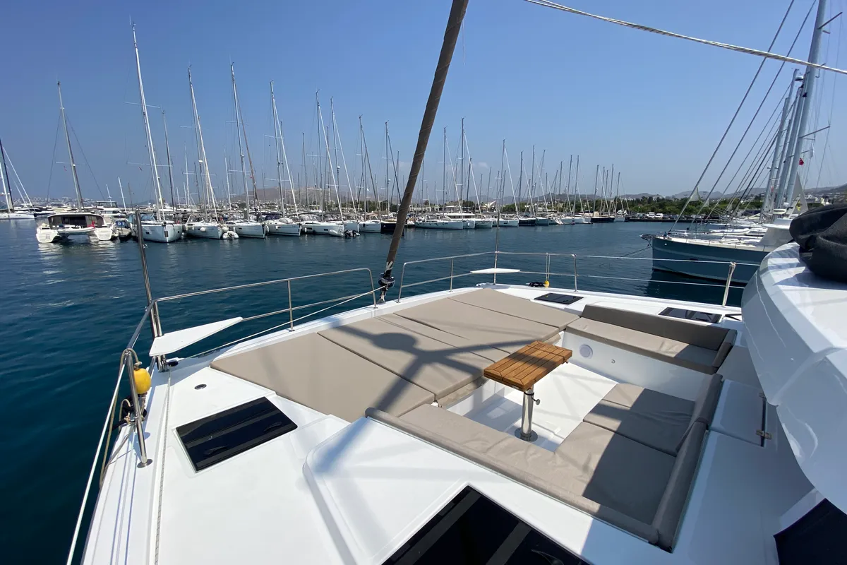 Deck of Despina, a Bali 4.6 catamaran at Bodrum, Turkey