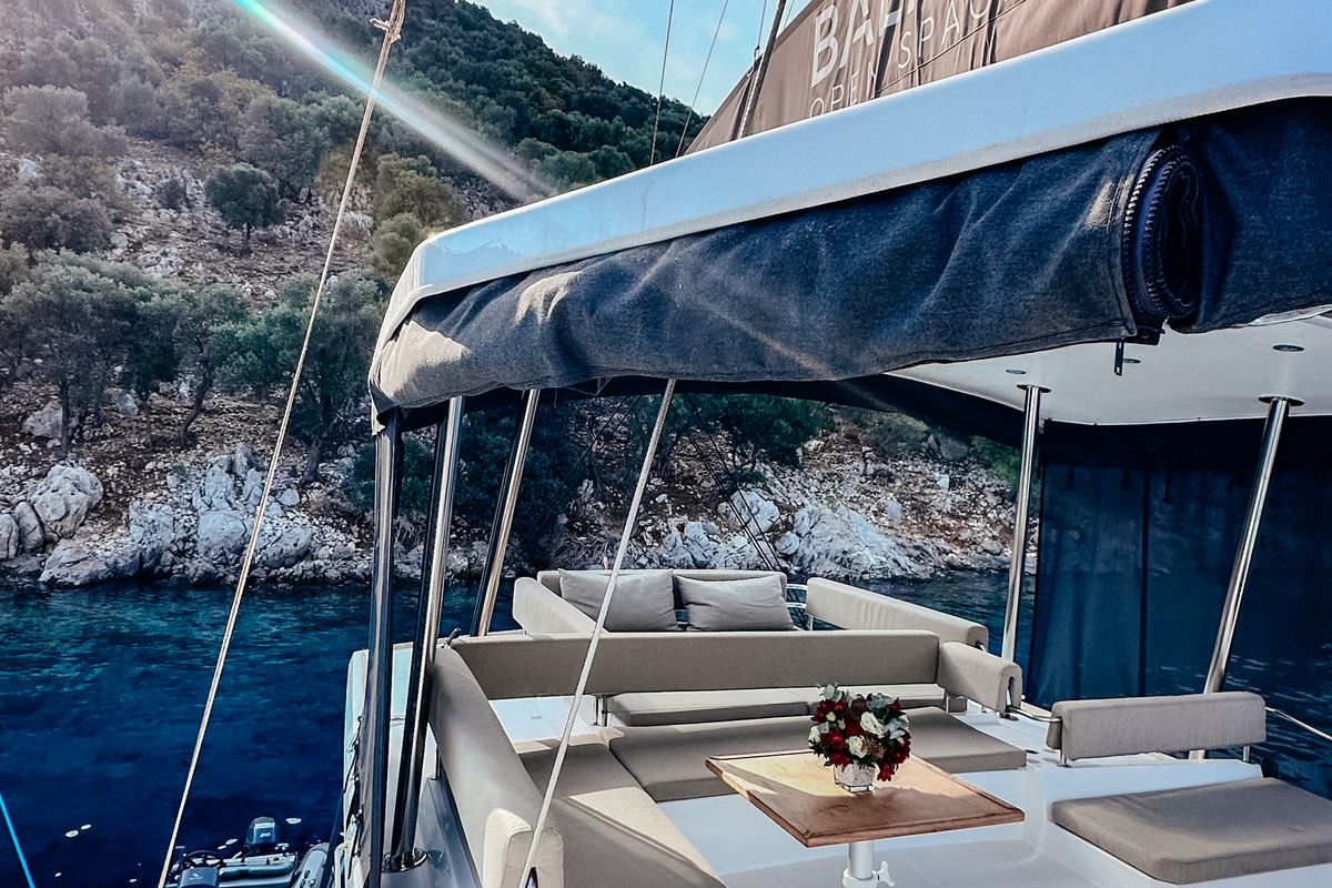 Deck of Despina, a Bali 4.6 catamaran at Bodrum, Turkey