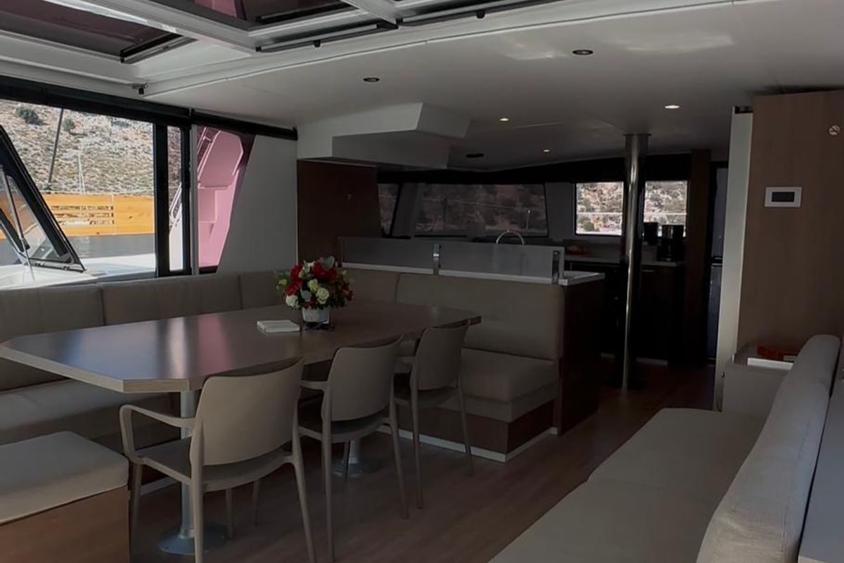 Salon of Despina, a Bali 4.6 catamaran at Bodrum, Turkey