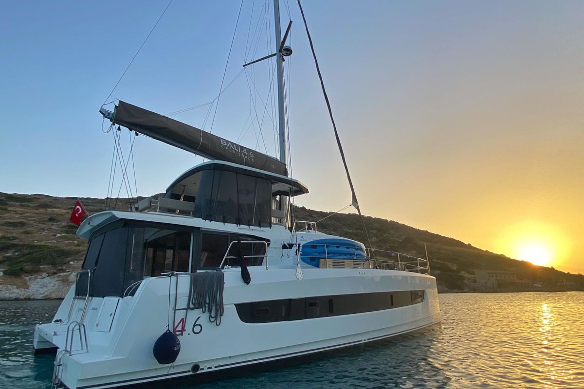 Exterior view of Despina, a Bali 4.6 catamaran at Bodrum, Turkey