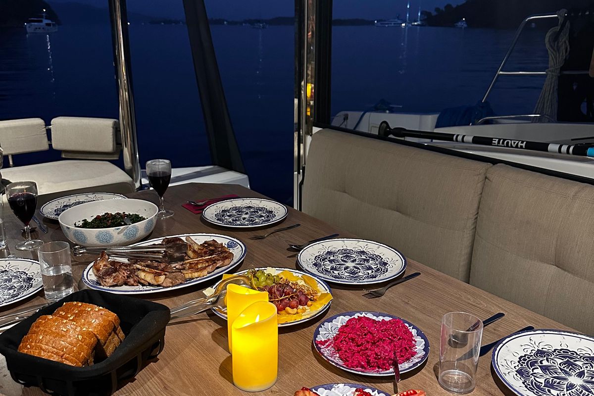 Deck of Despina, a Bali 4.6 catamaran at Bodrum, Turkey