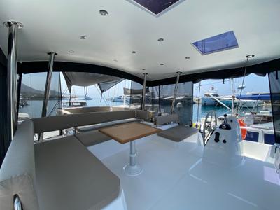 Cockpit of Despina, a Bali 4.6 catamaran at Bodrum, Turkey
