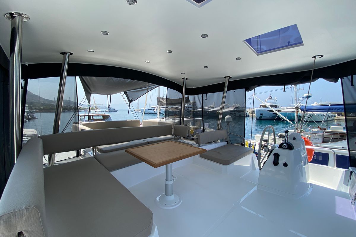 Cockpit of Despina, a Bali 4.6 catamaran at Bodrum, Turkey