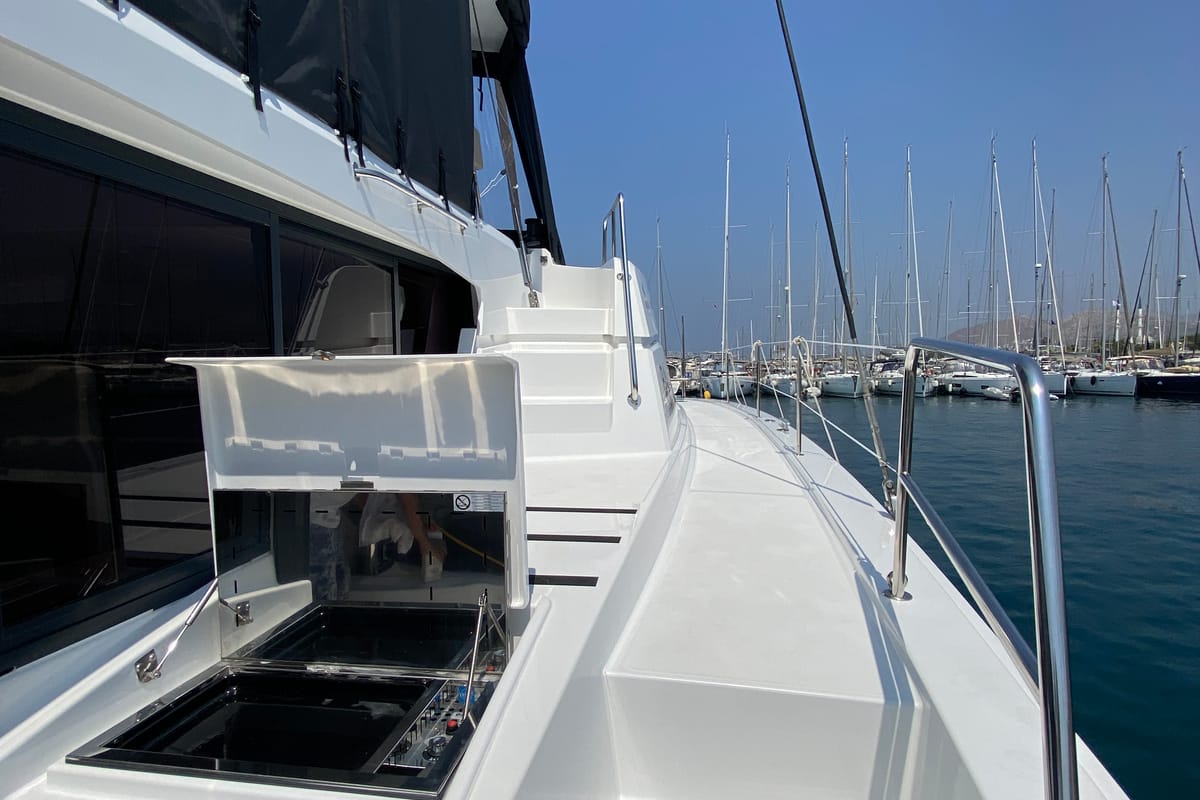 Deck of Despina, a Bali 4.6 catamaran at Bodrum, Turkey