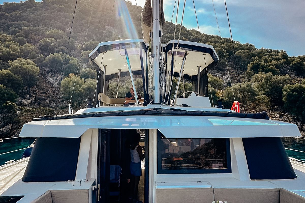 Deck of Despina, a Bali 4.6 catamaran at Bodrum, Turkey