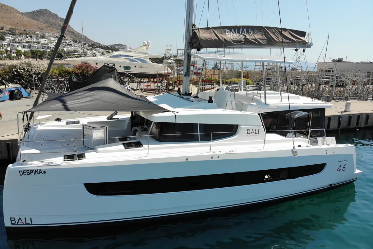 Exterior view of Despina, a Bali 4.6 catamaran at Bodrum, Turkey