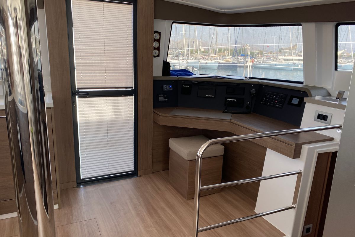 Cockpit of Despina, a Bali 4.6 catamaran at Bodrum, Turkey