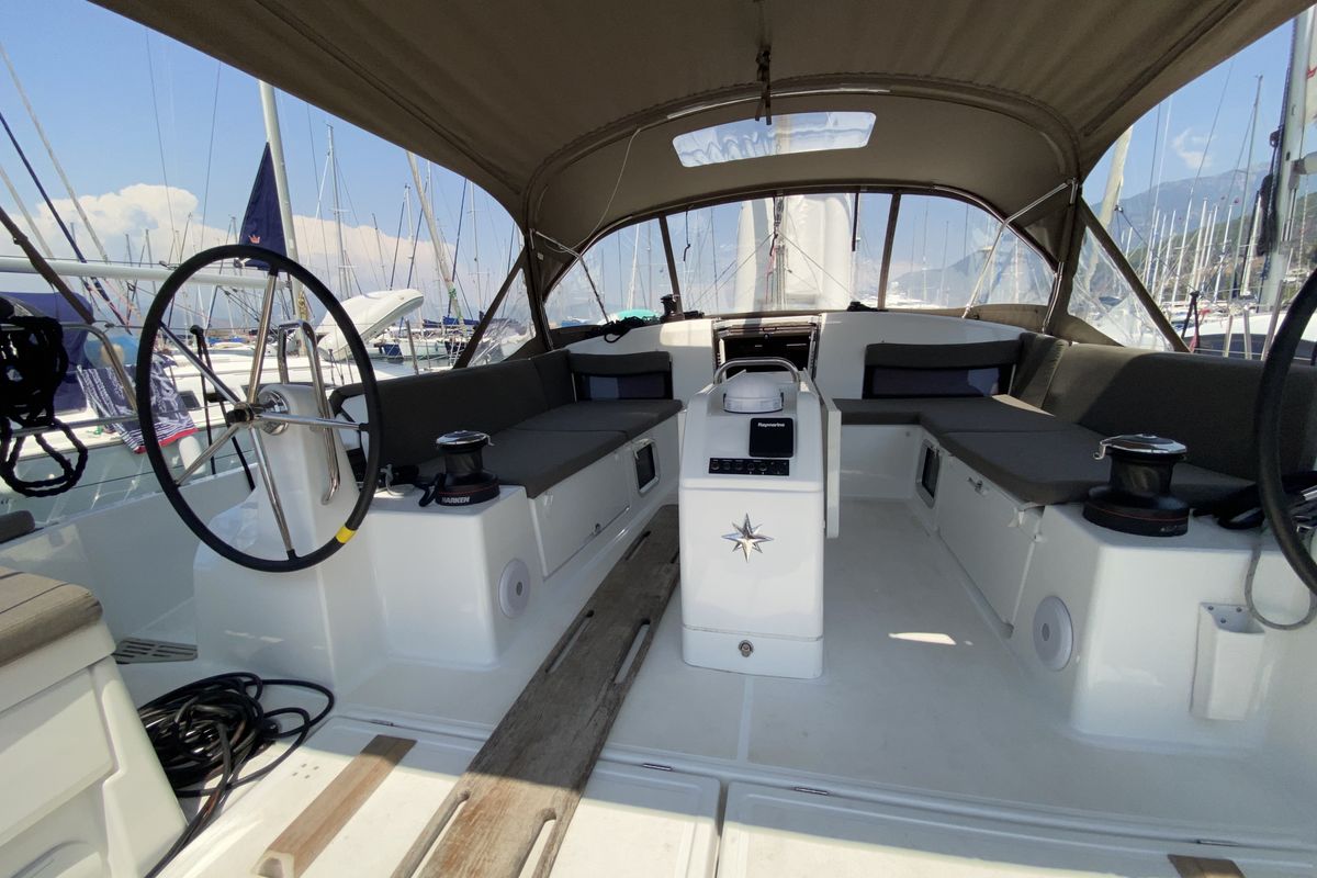 Cockpit of Derya, a Jeanneau Sun Odyssey 490 sailboat at Fethiye, Turkey