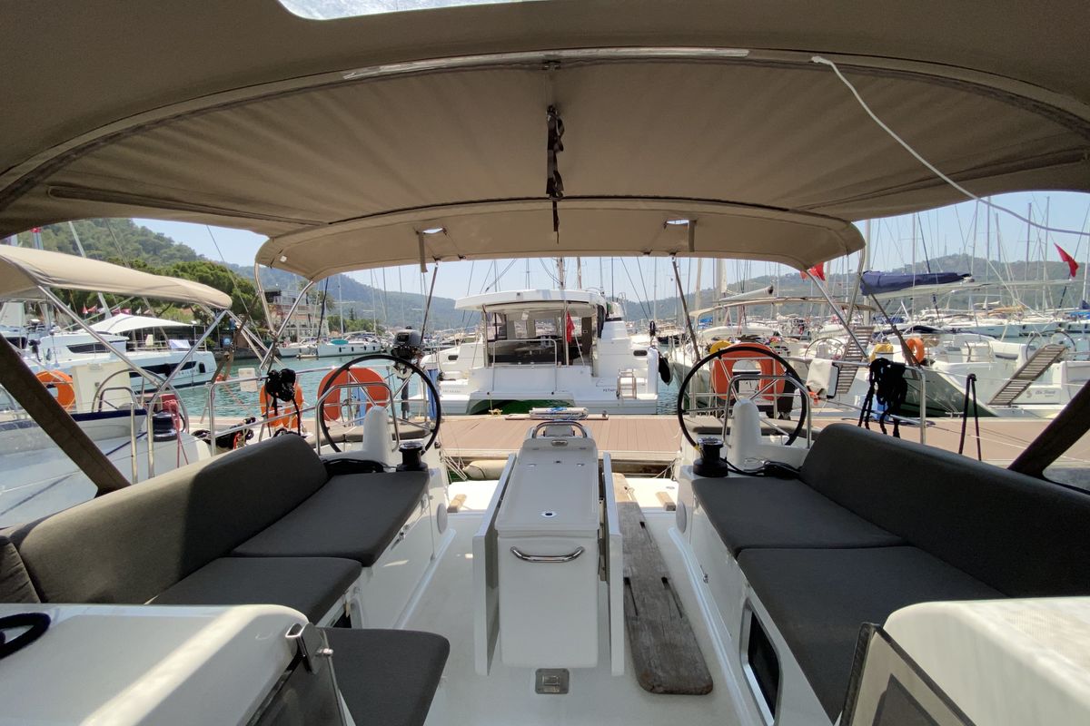 Cockpit of Derya, a Jeanneau Sun Odyssey 490 sailboat at Fethiye, Turkey