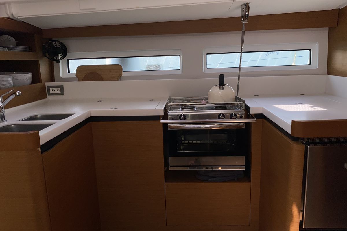 Galley of Derya, a Jeanneau Sun Odyssey 490 sailboat at Fethiye, Turkey