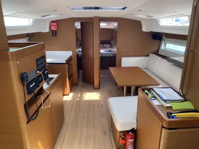 Salon of Derya, a Jeanneau Sun Odyssey 490 sailboat at Fethiye, Turkey