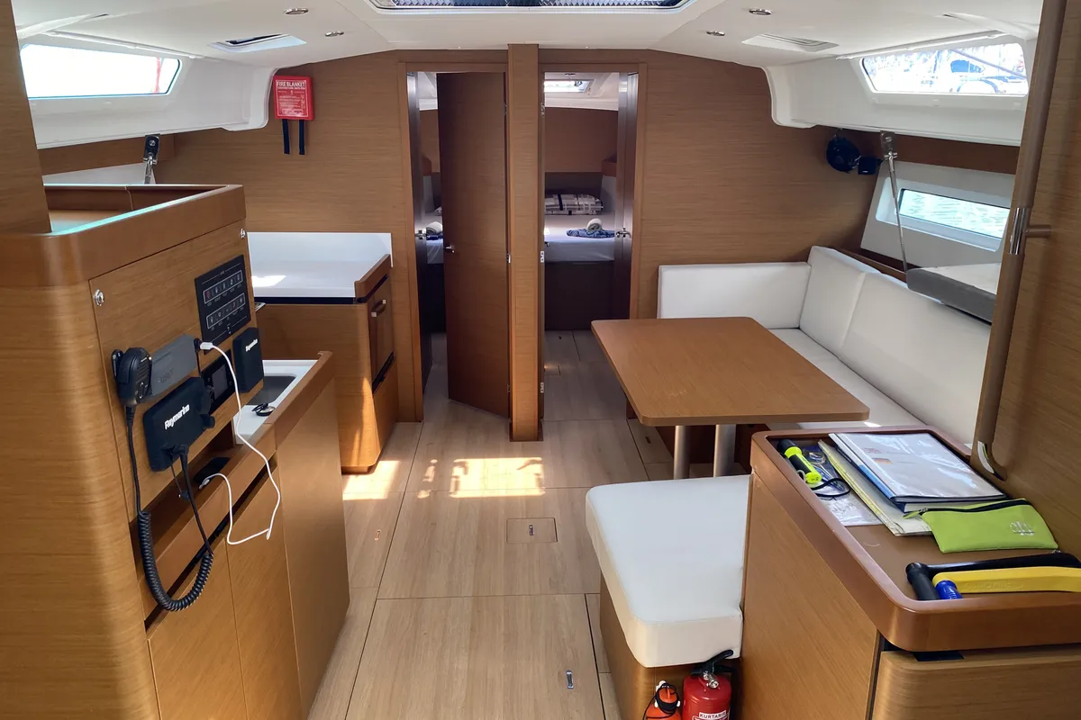 Salon of Derya, a Jeanneau Sun Odyssey 490 sailboat at Fethiye, Turkey