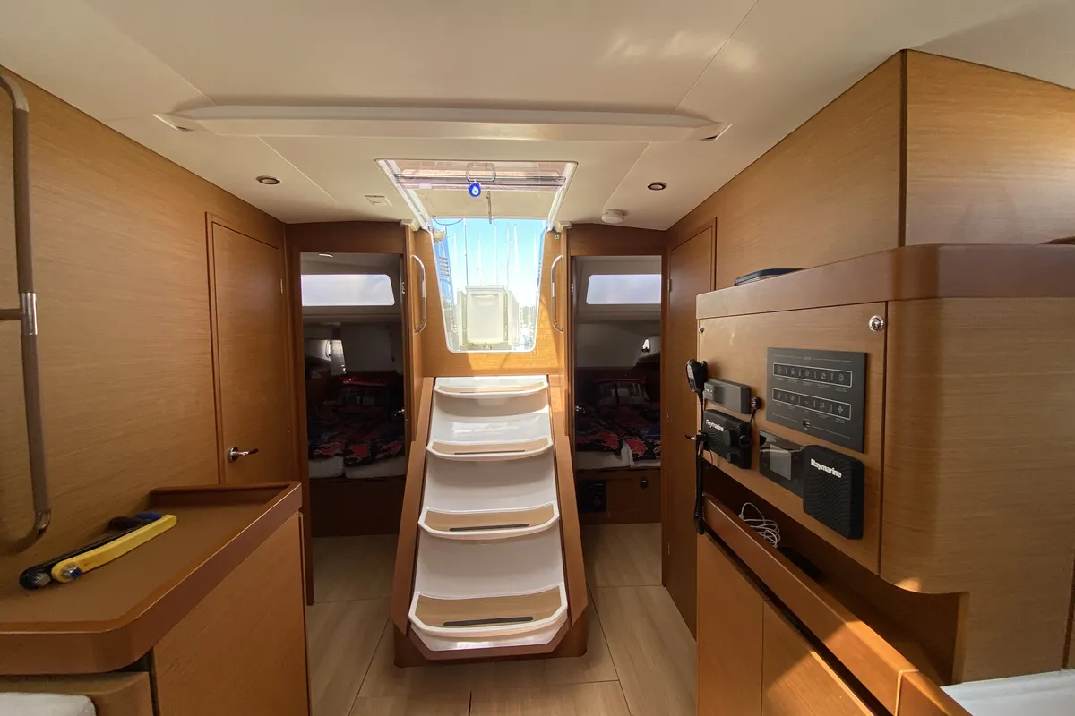 Salon of Derya, a Jeanneau Sun Odyssey 490 sailboat at Fethiye, Turkey
