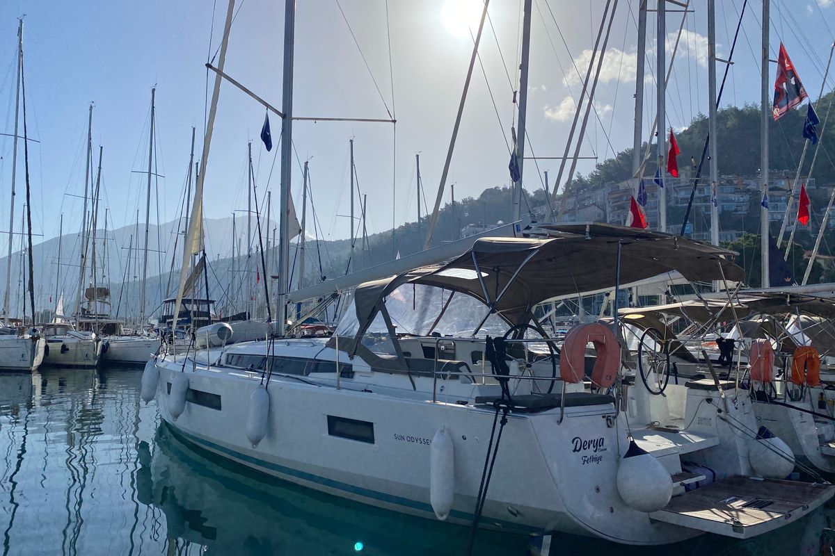 Exterior view of Derya, a Jeanneau Sun Odyssey 490 sailboat at Fethiye, Turkey