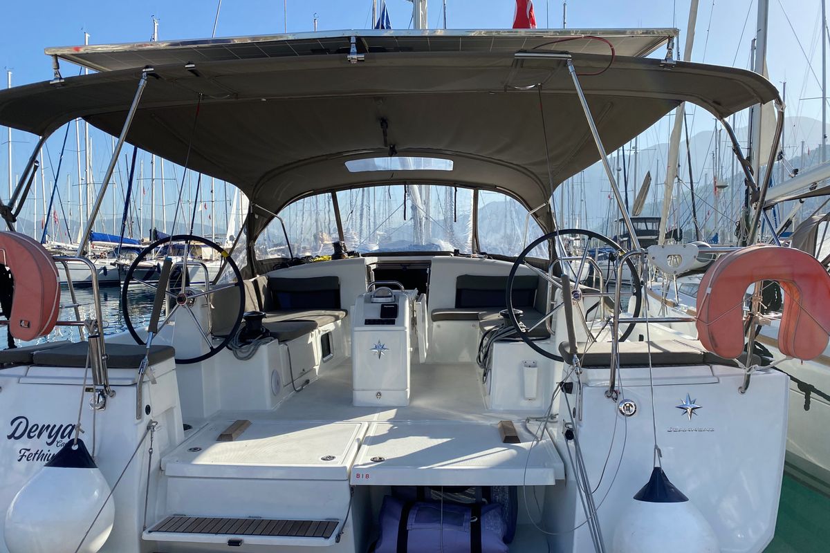 Cockpit of Derya, a Jeanneau Sun Odyssey 490 sailboat at Fethiye, Turkey