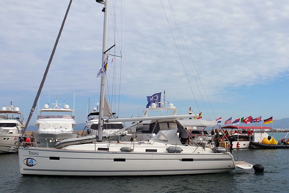 Exterior view of Tesoro, a Bavaria Cruiser 40 sailboat at Llucmajor, Spain