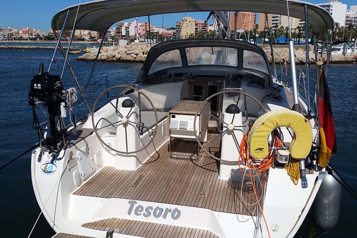 Cockpit of Tesoro, a Bavaria Cruiser 40 sailboat at Llucmajor, Spain