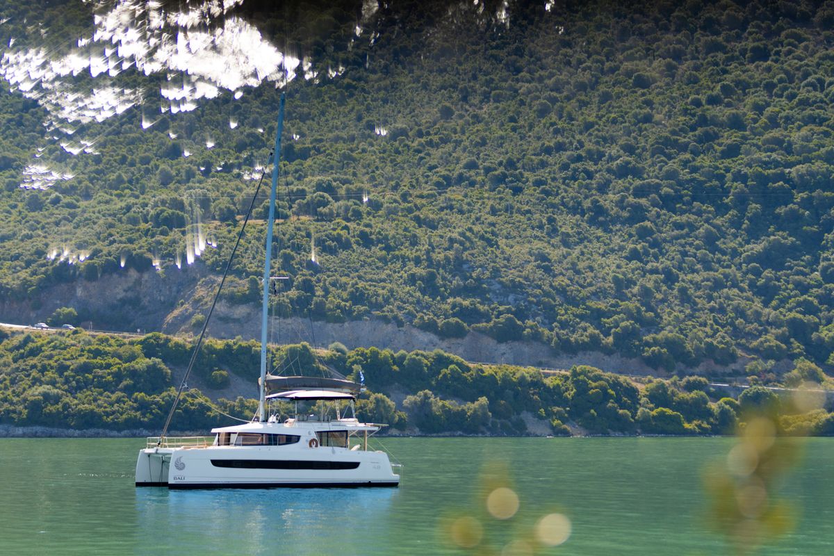 Exterior view of Stelina, a Bali 4.8 catamaran at Preveza, Greece