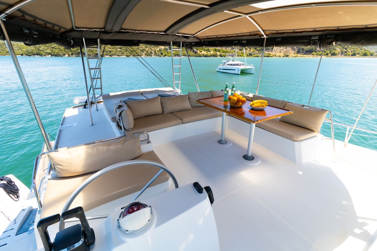 Cockpit of Stelina, a Bali 4.8 catamaran at Preveza, Greece