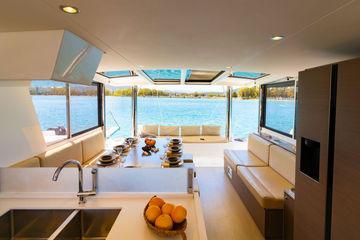 Salon of Stelina, a Bali 4.8 catamaran at Preveza, Greece